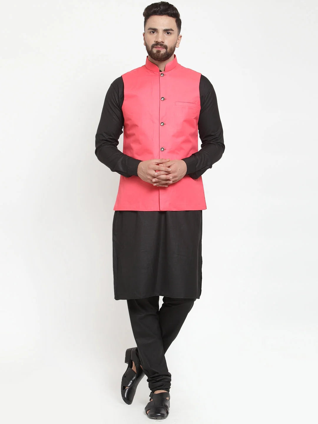 Men's Solid Kurta Pajama Set with Orange Waistcoat - Pathani