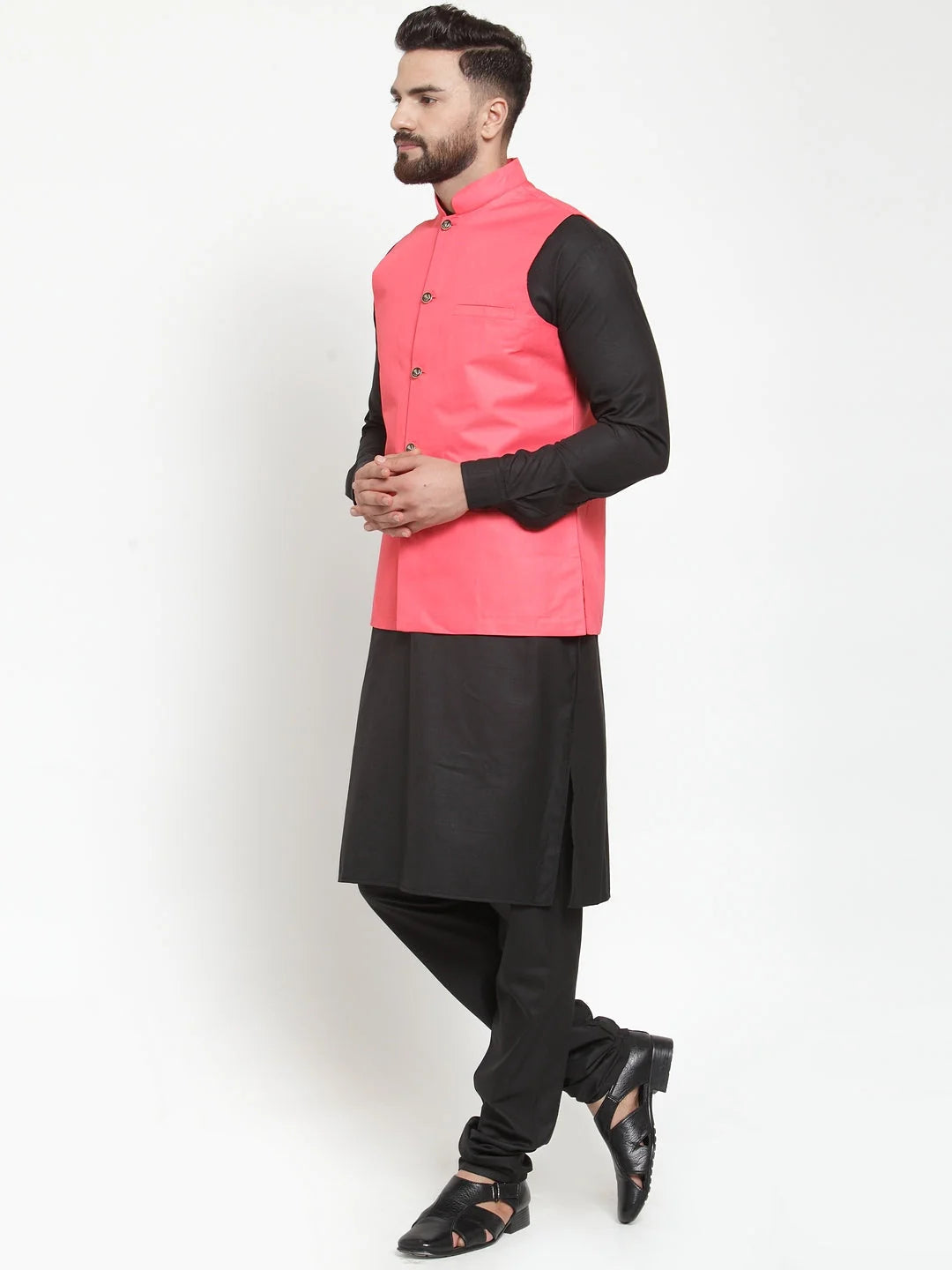 Men's Solid Kurta Pajama Set with Orange Waistcoat - Pathani