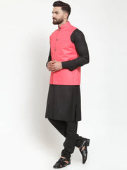 Men's Solid Kurta Pajama with Solid Orange Waistcoat