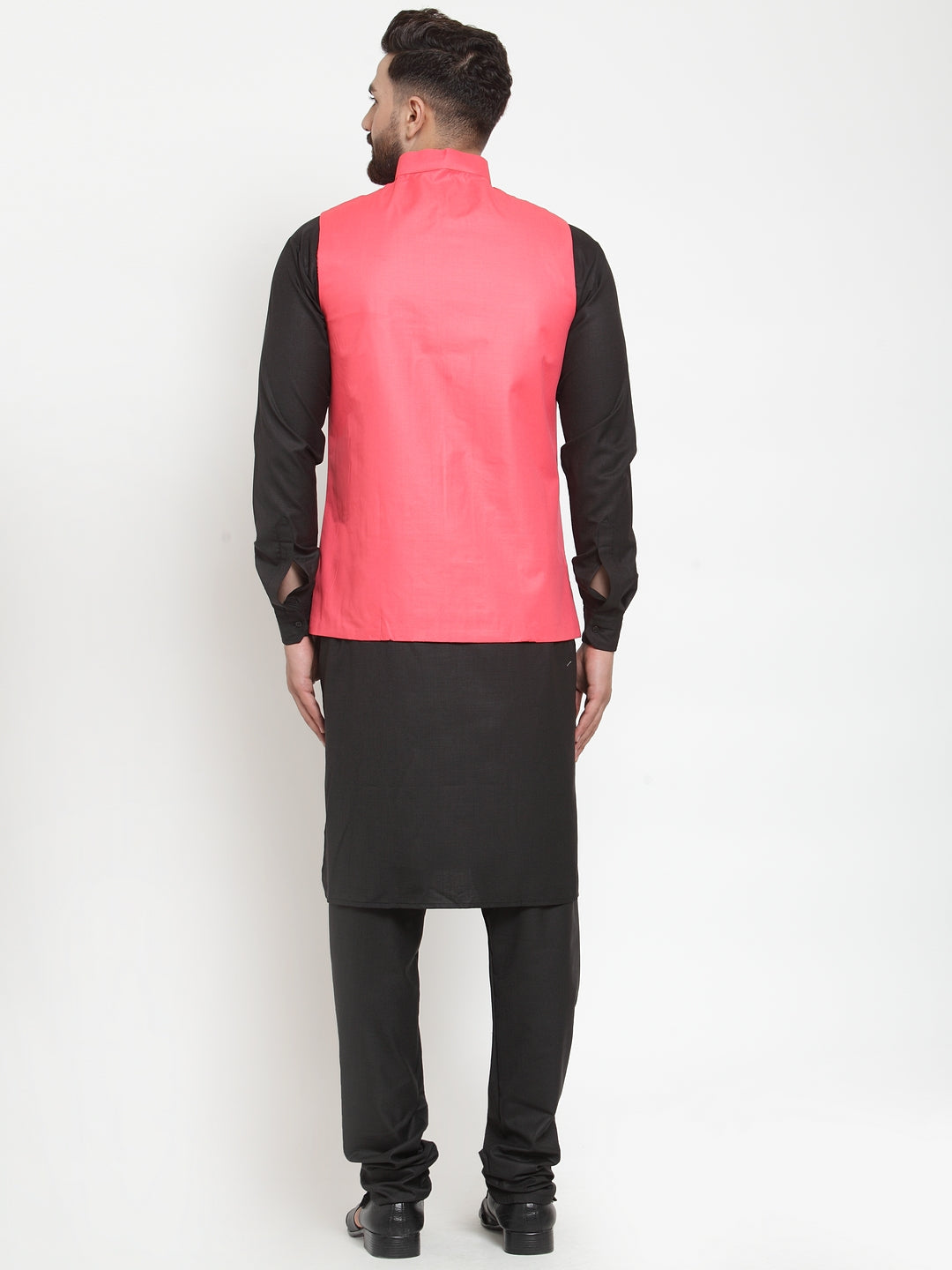 Men's Solid Kurta Pajama Set with Orange Waistcoat - Pathani