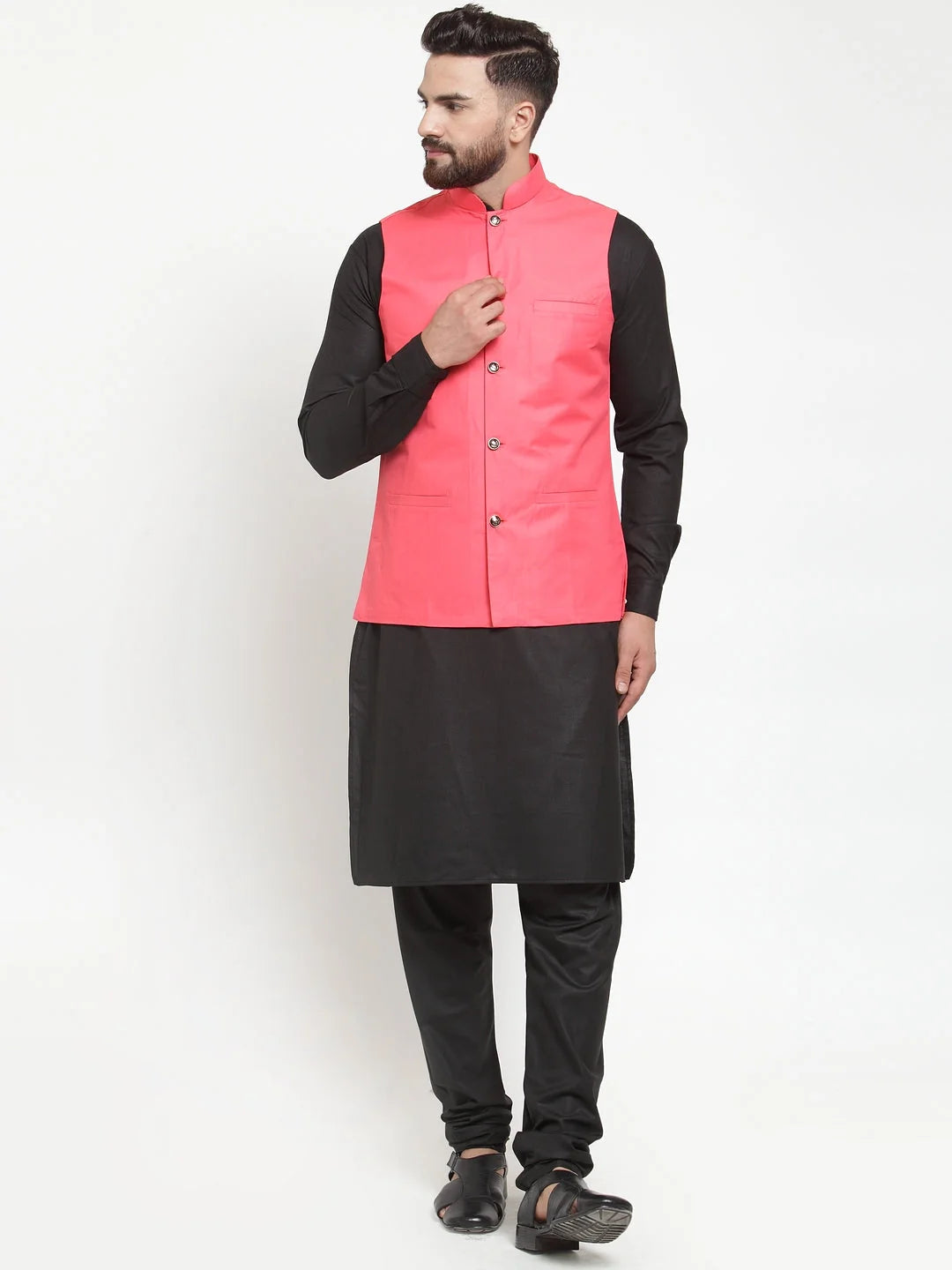 Men's Solid Kurta Pajama Set with Orange Waistcoat - Pathani