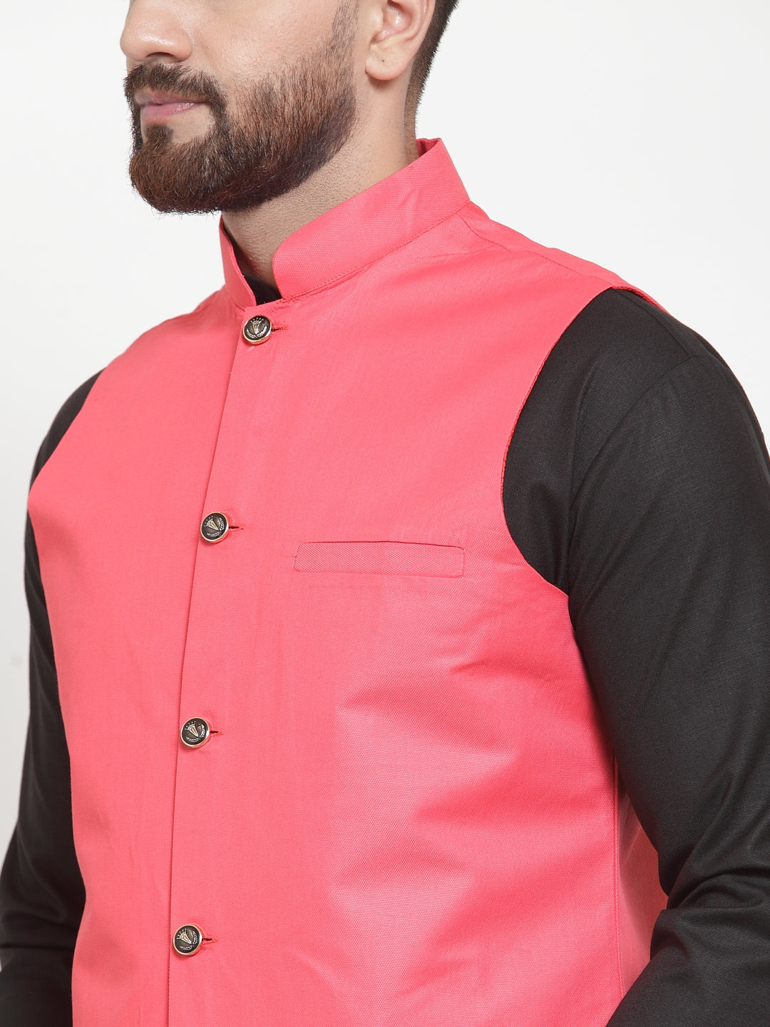 Men's Solid Kurta Pajama Set with Orange Waistcoat - Pathani