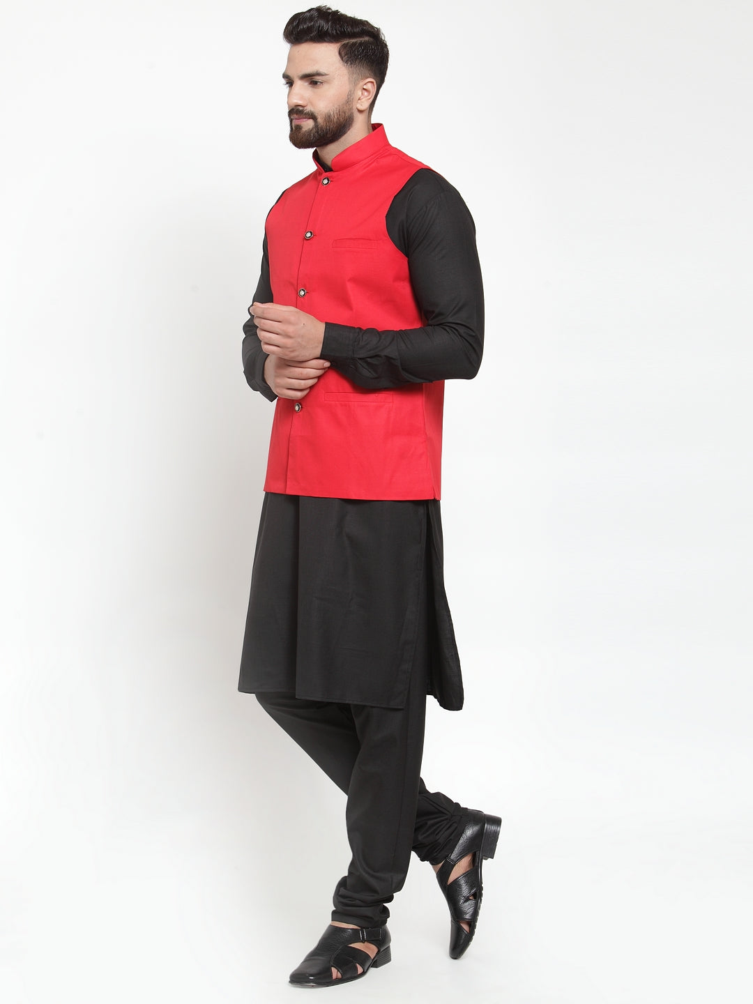 Men's Black Kurta Pajama Set - Solid Cotton with Red Vest