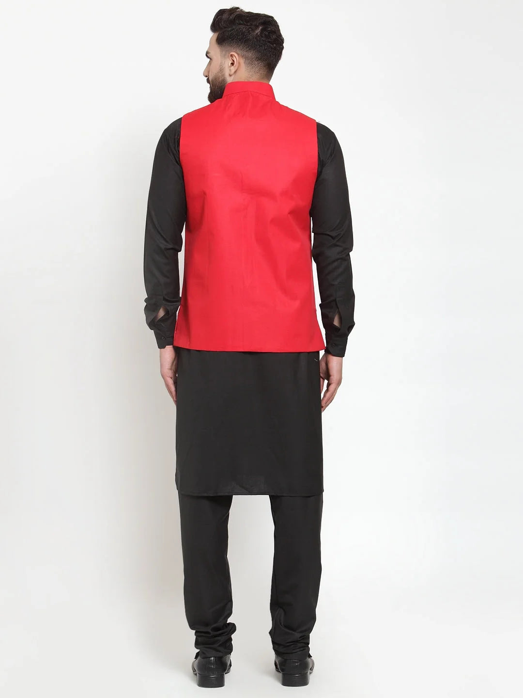 Men's Black Kurta Pajama Set - Solid Cotton with Red Vest