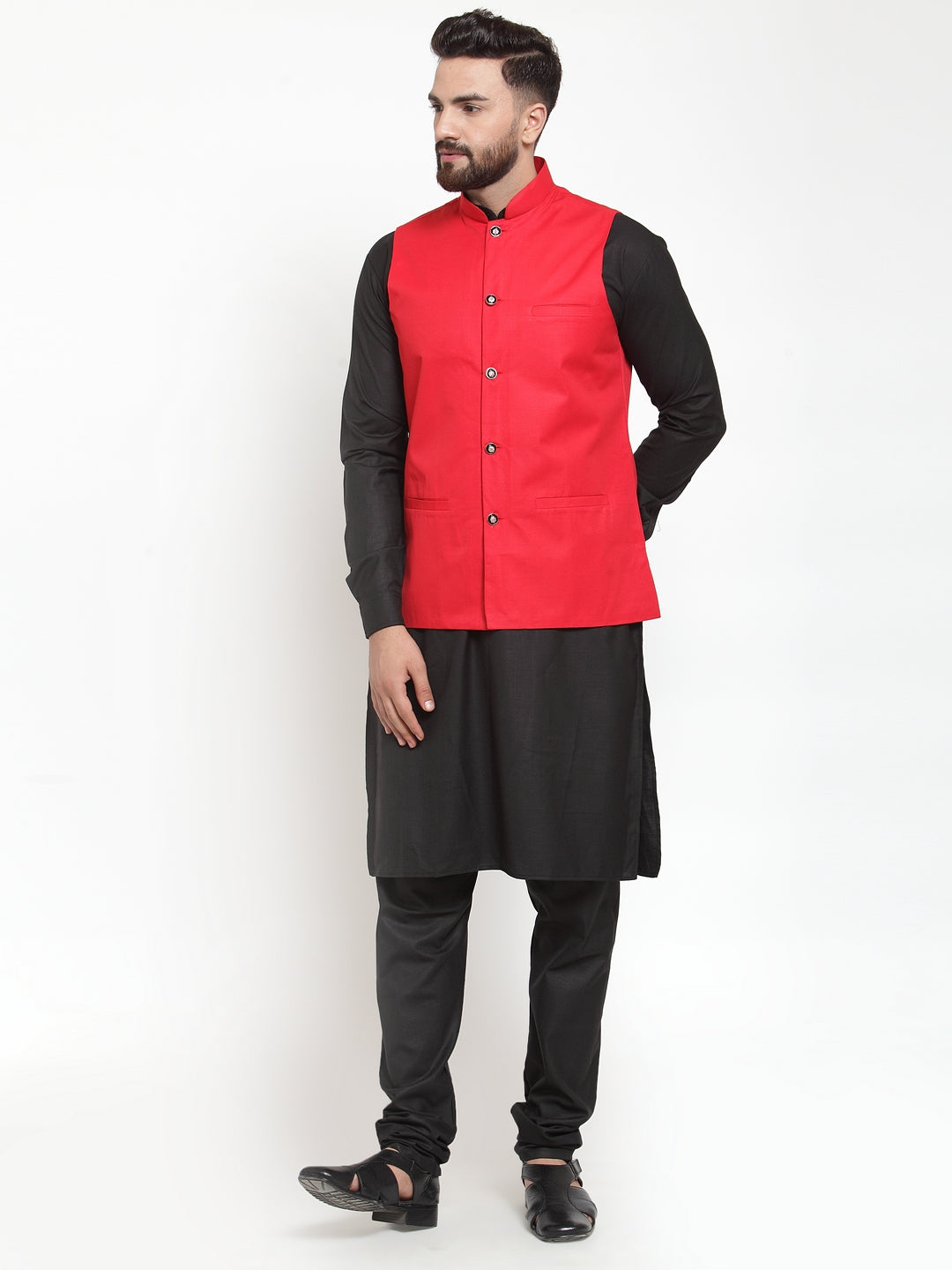 Men's Black Kurta Pajama Set - Solid Cotton with Red Vest