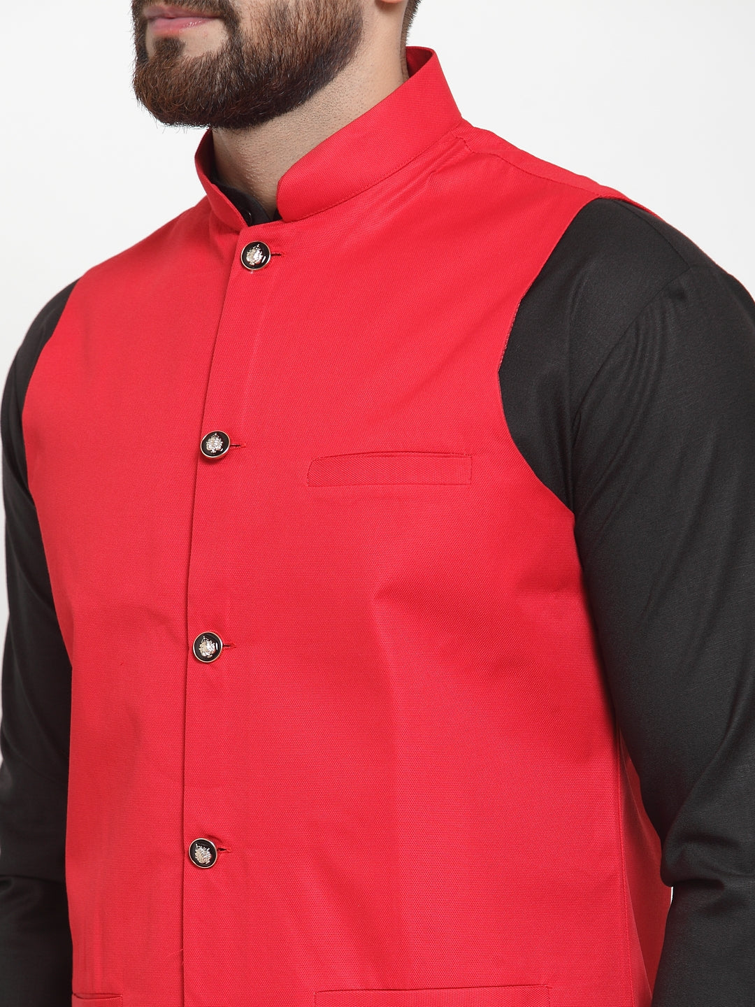 Men's Black Kurta Pajama Set - Solid Cotton with Red Vest