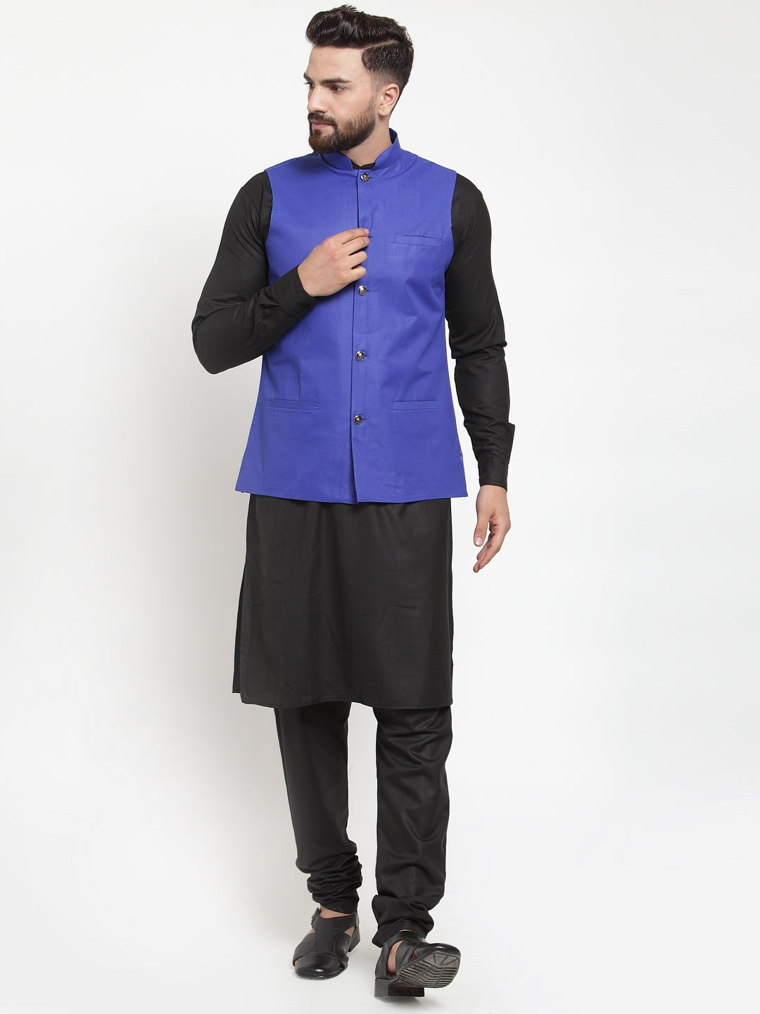 Men's Black Kurta Pajama Set - Solid Cotton with Blue Waistcoat