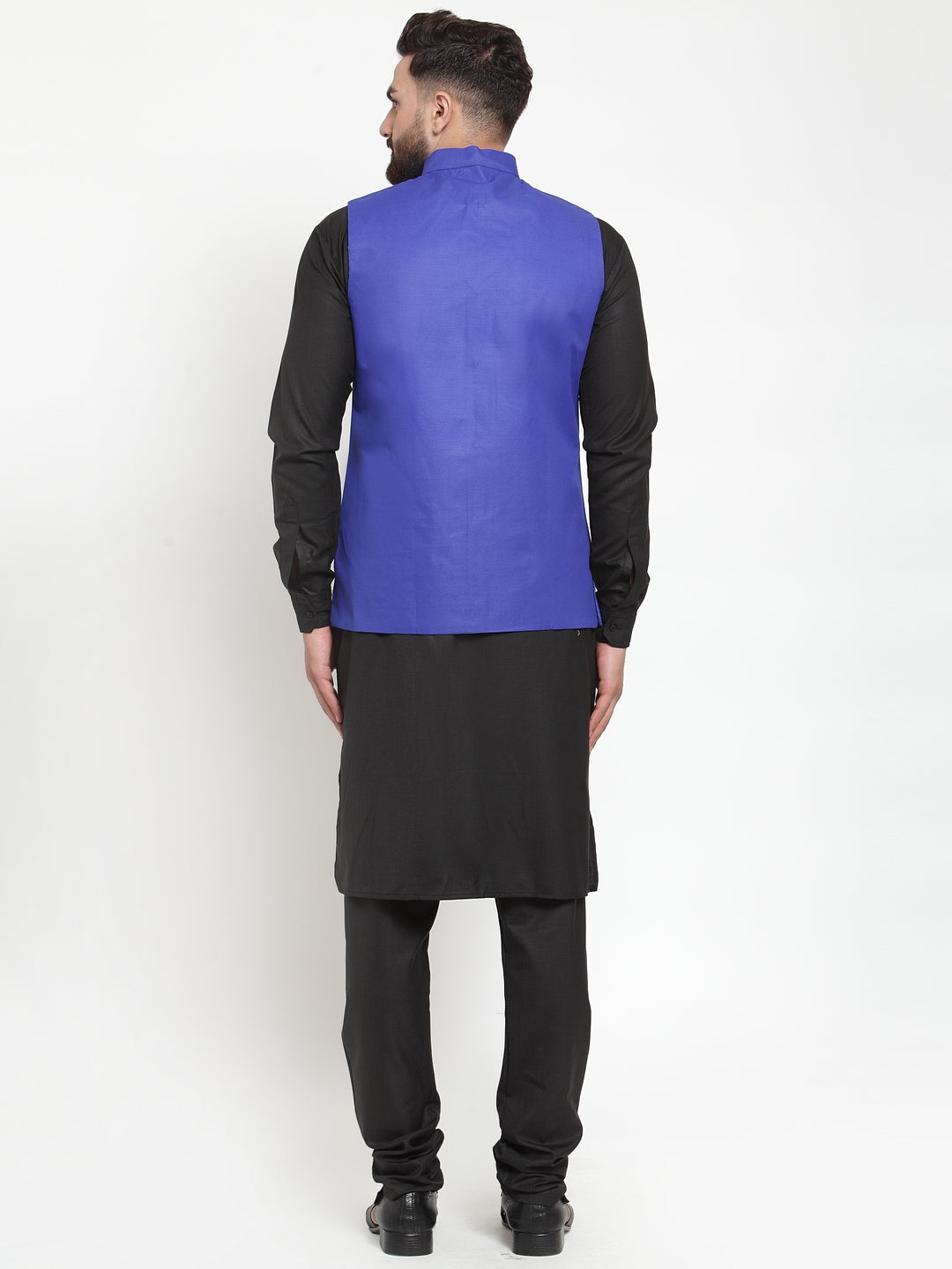 Men's Black Kurta Pajama Set - Solid Cotton with Blue Waistcoat