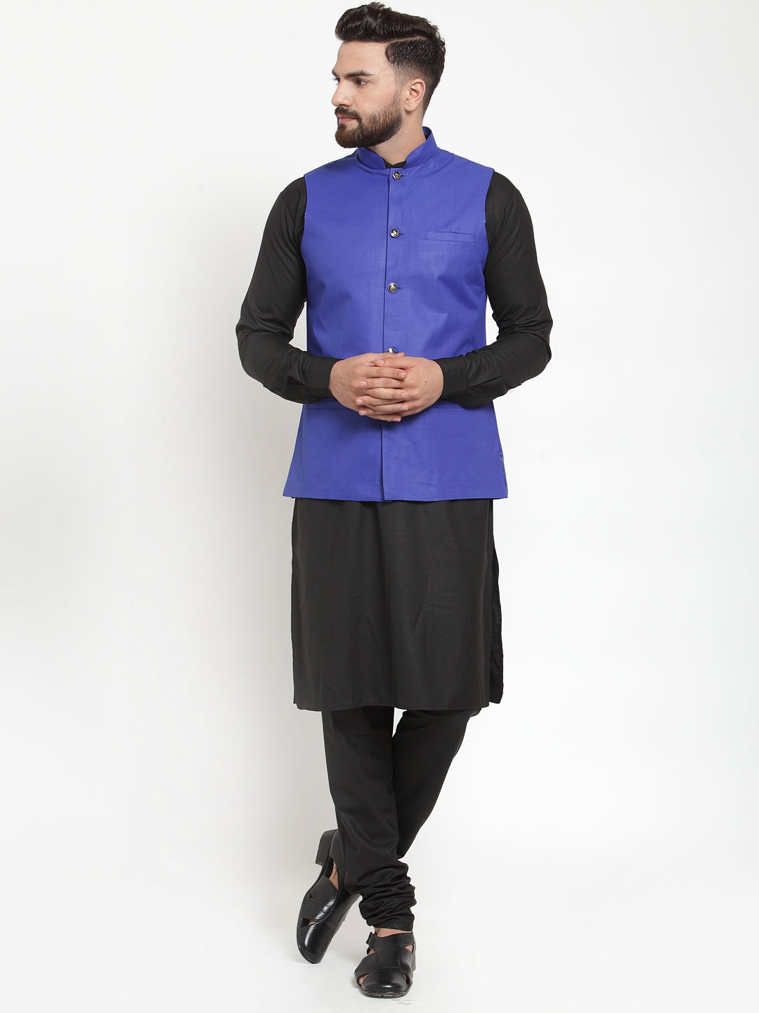 Men's Black Kurta Pajama Set - Solid Cotton with Blue Waistcoat