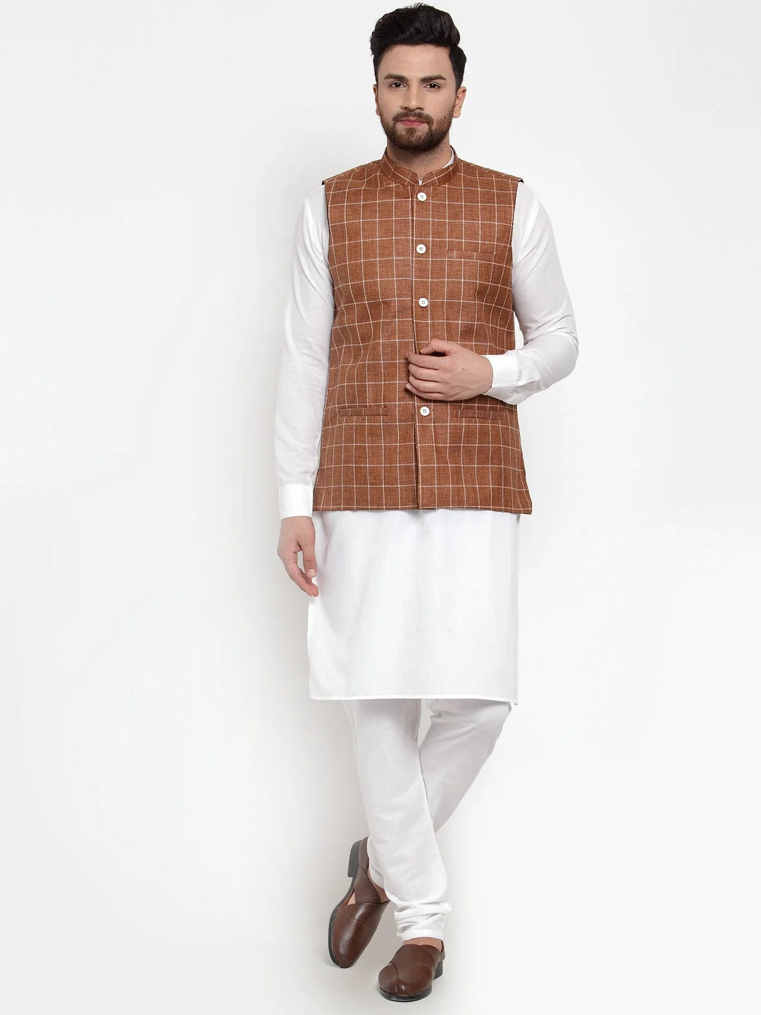 Men's Solid Kurta Pajama - Cotton with Brown Checked Vest