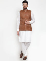 Men's Solid Kurta Pajama with Checked lit Waistcoat