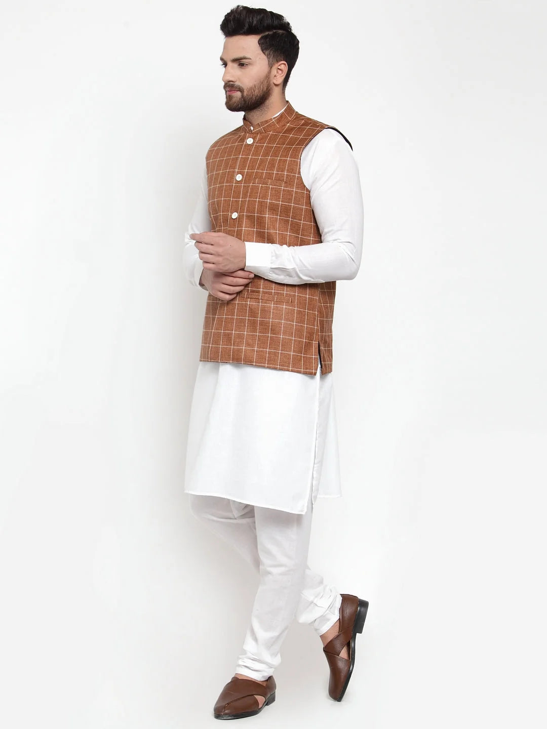 Men's Solid Kurta Pajama - Cotton with Brown Checked Vest
