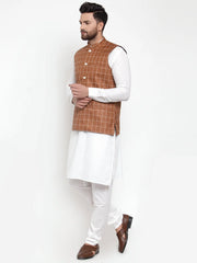 Men's Solid Kurta Pajama with Checked lit Waistcoat