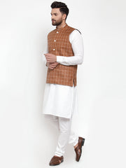 Men's Solid Kurta Pajama with Checked lit Waistcoat