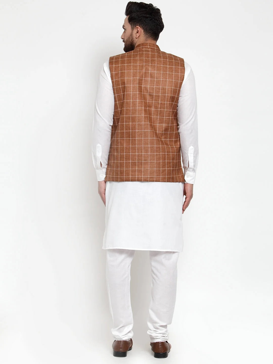 Men's Solid Kurta Pajama - Cotton with Brown Checked Vest