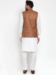 Men's Solid Kurta Pajama with Checked lit Waistcoat