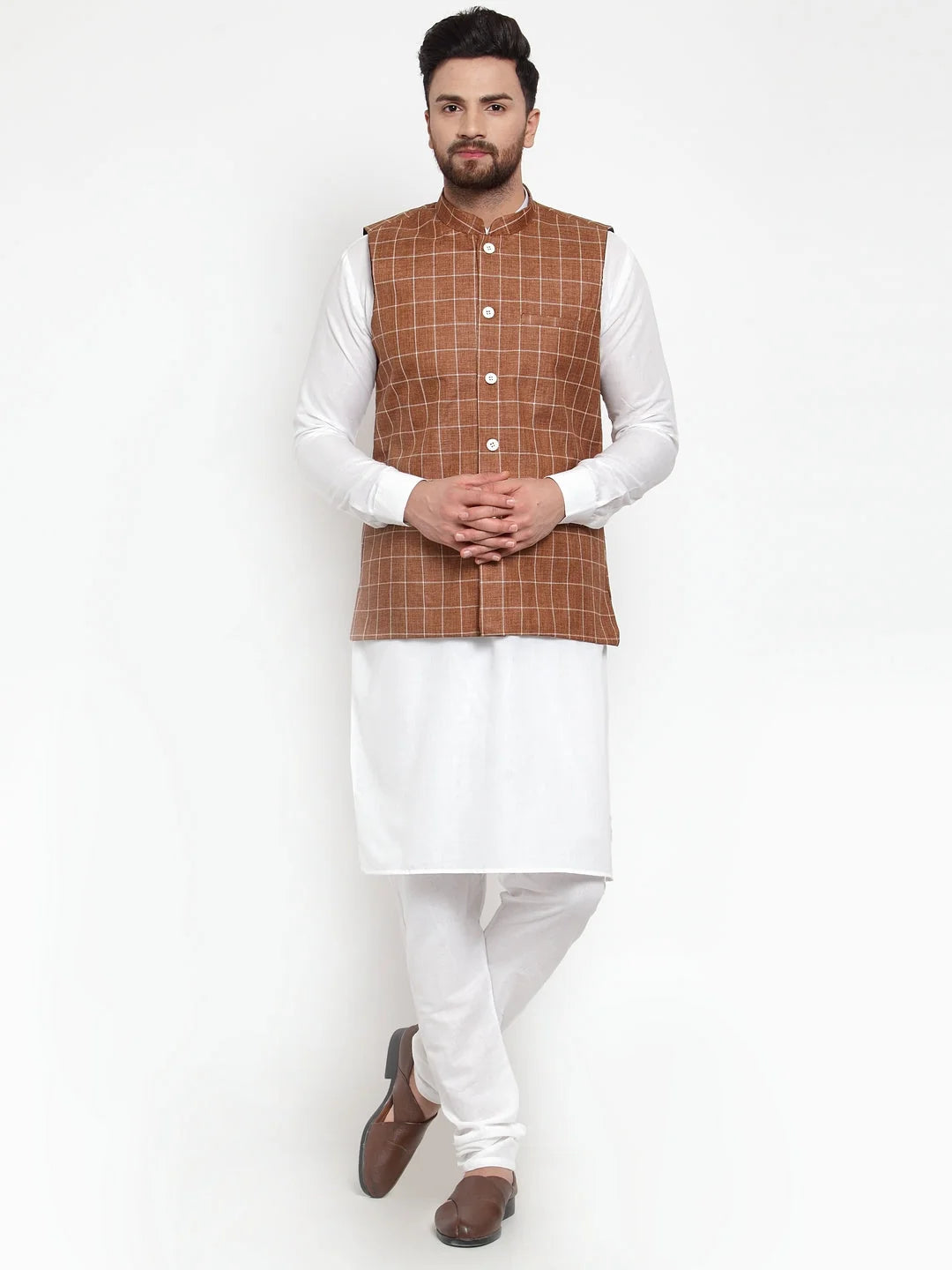 Men's Solid Kurta Pajama - Cotton with Brown Checked Vest