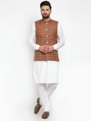 Men's Solid Kurta Pajama with Checked lit Waistcoat