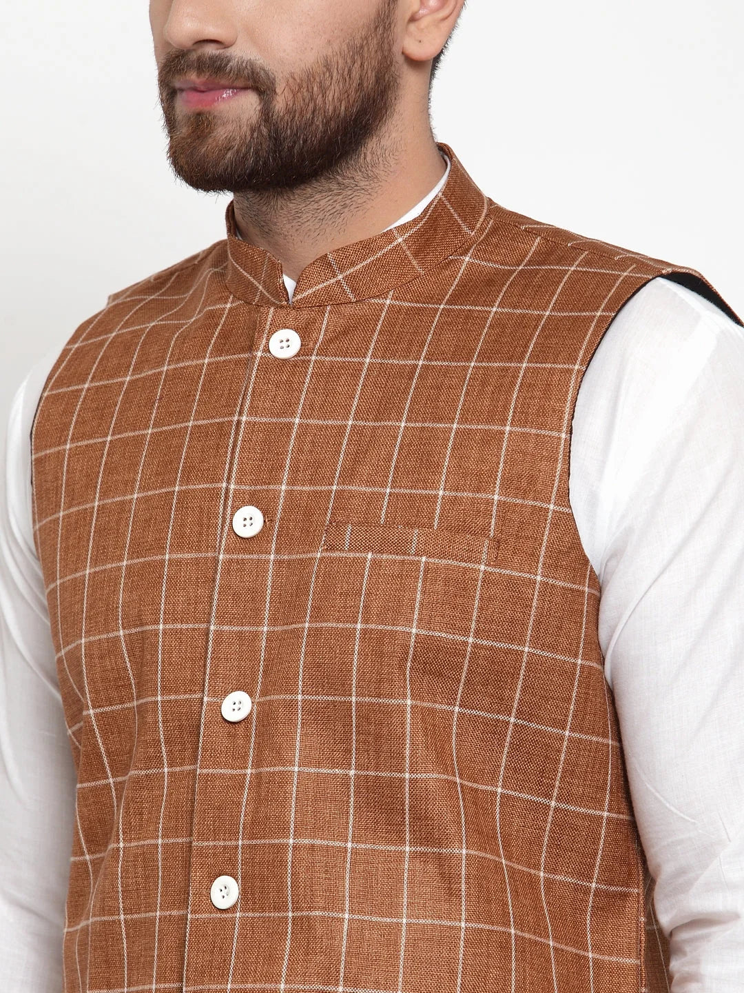 Men's Solid Kurta Pajama - Cotton with Brown Checked Vest