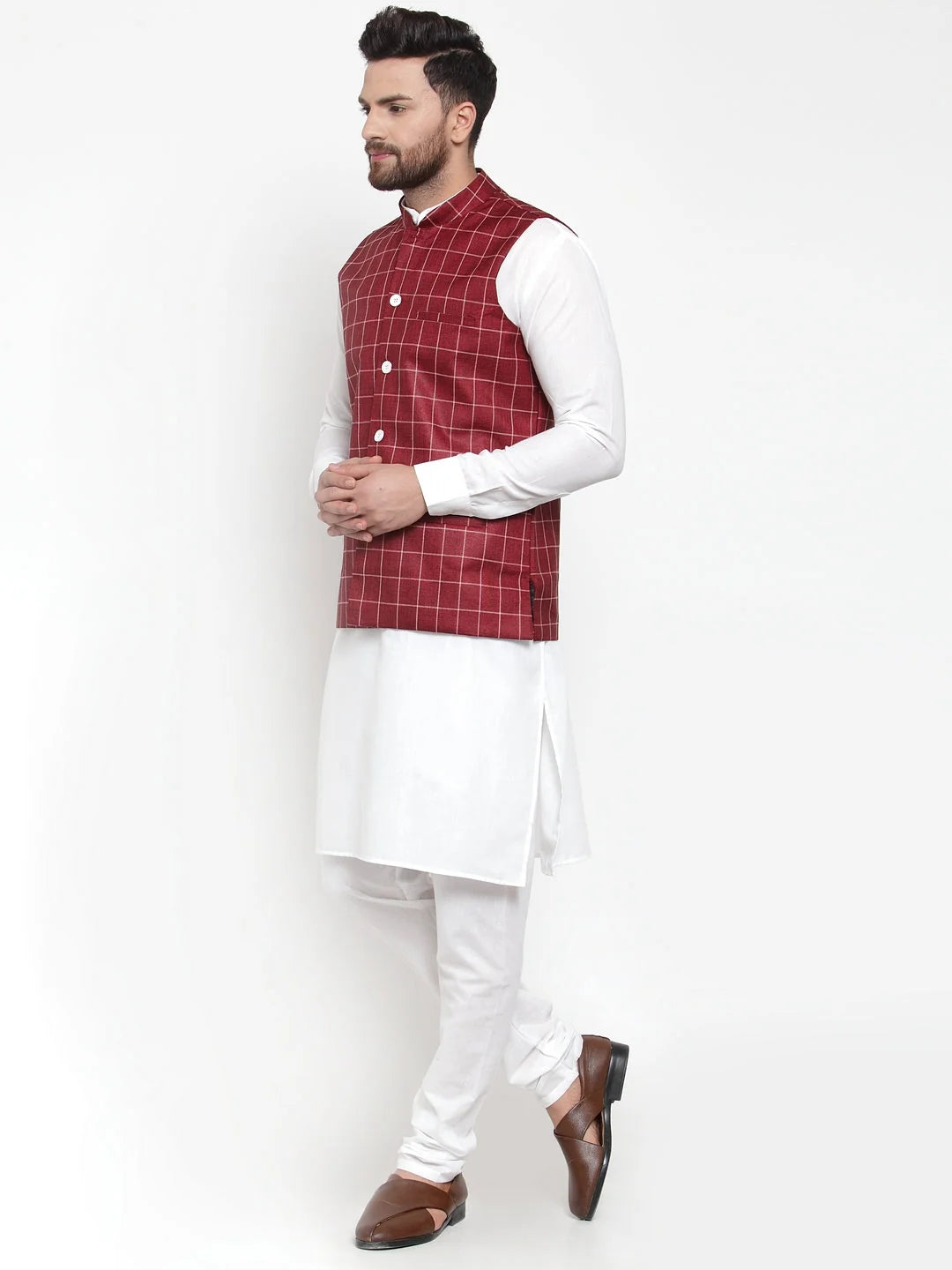 Men's Kurta Pajama Set - Solid Cotton with Maroon Checked Vest