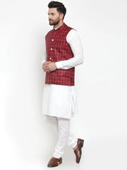 Men's Solid Kurta Assorted Pajama with Checked Waistcoat