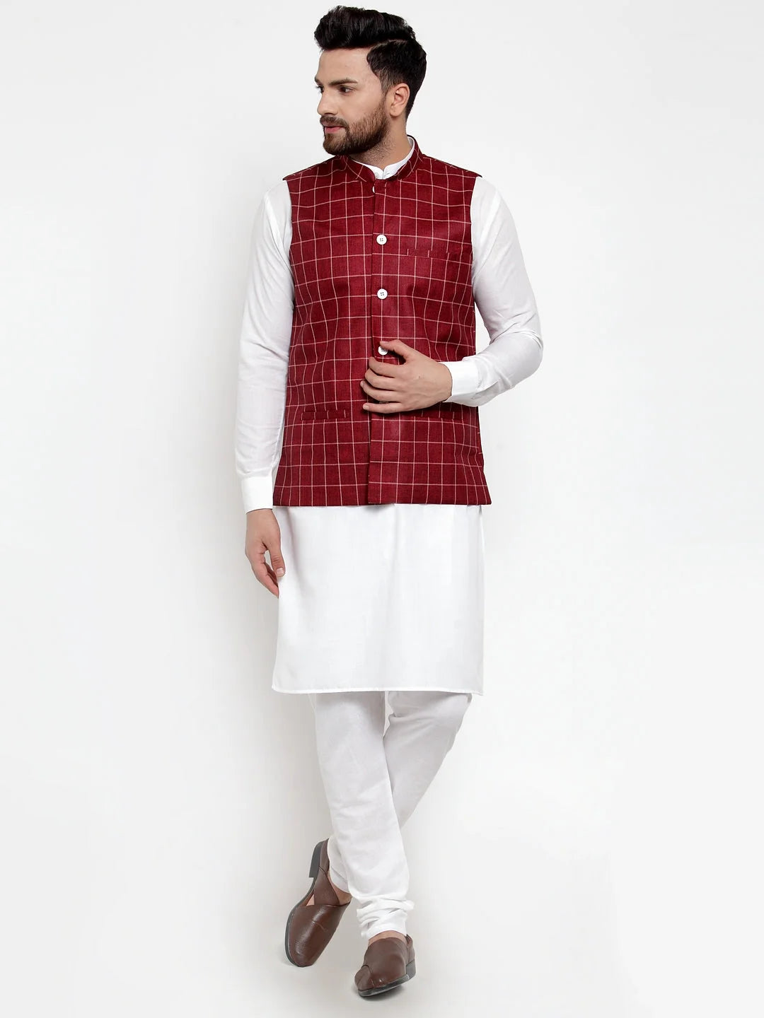 Men's Kurta Pajama Set - Solid Cotton with Maroon Checked Vest