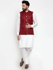 Men's Solid Kurta Assorted Pajama with Checked Waistcoat