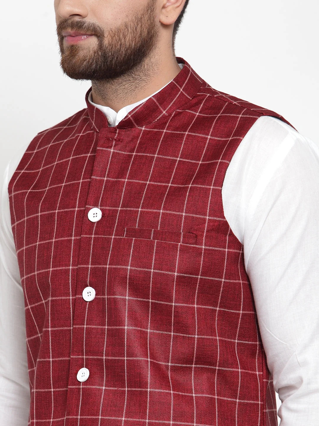 Men's Kurta Pajama Set - Solid Cotton with Maroon Checked Vest