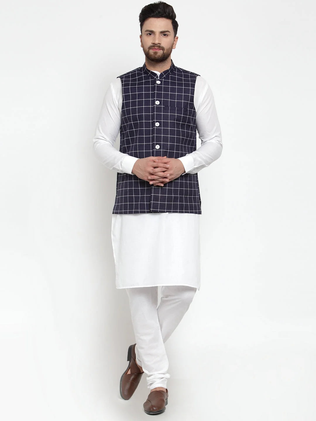 Men's Kurta Pajama Set - Solid Cotton with Checked Waistcoat