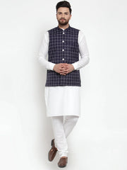 Men's Solid Kurta Pajama with Styled Checked Waistcoat