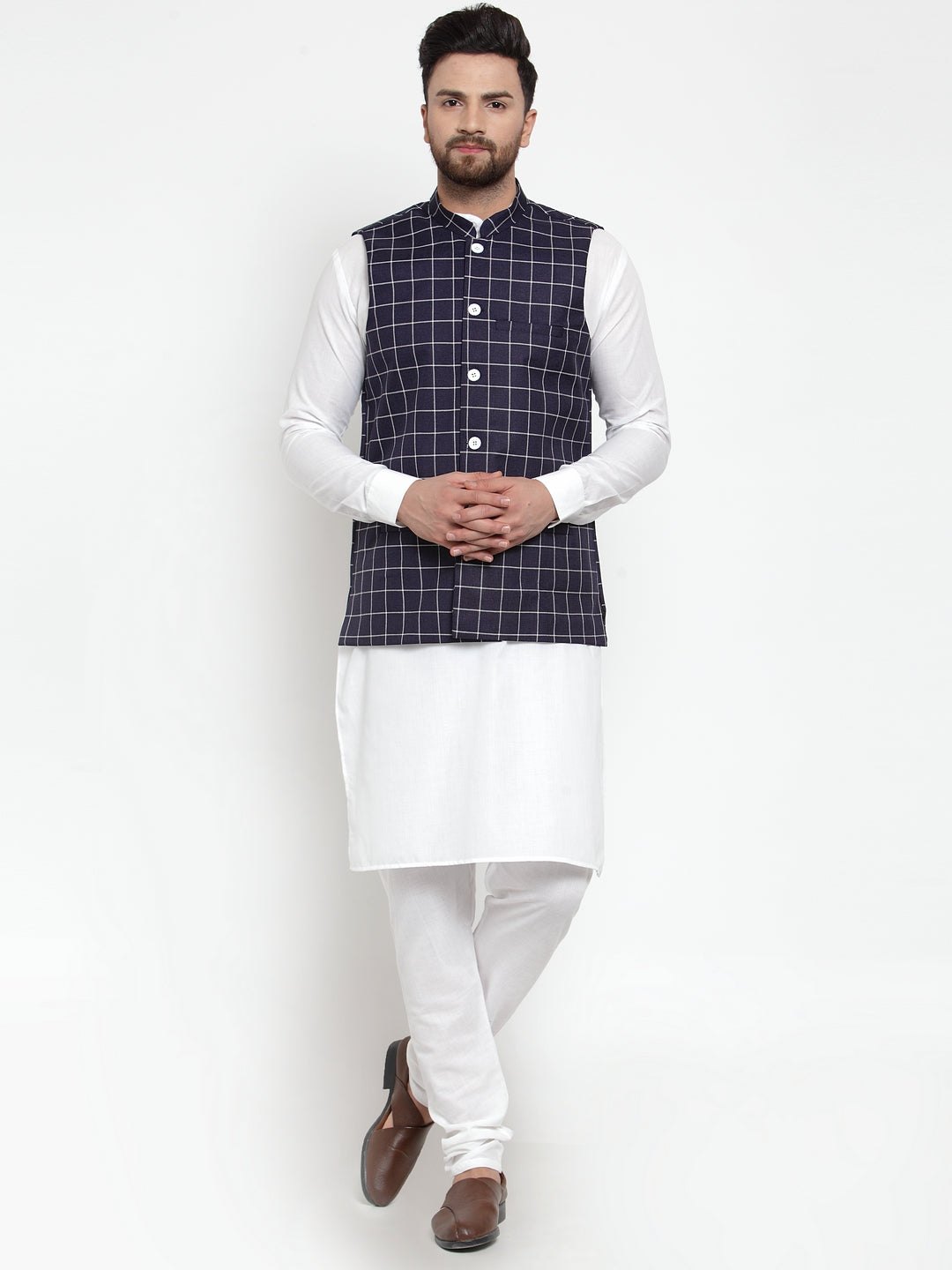 Men's Kurta Pajama Set - Solid Cotton with Checked Waistcoat