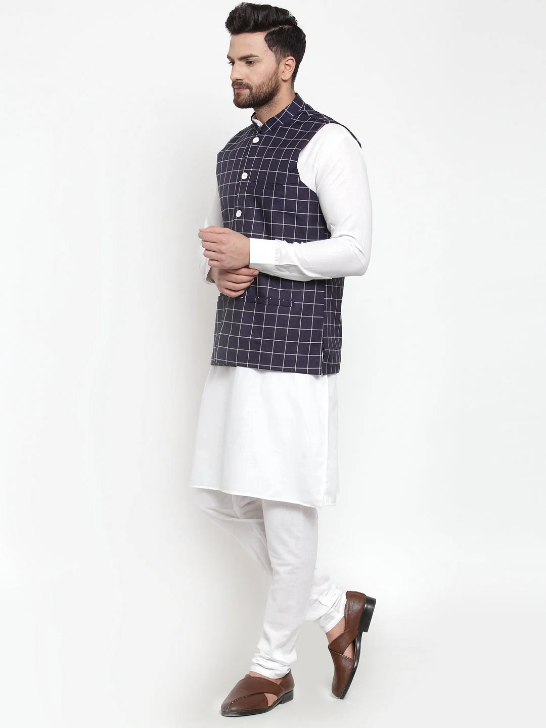 Men's Kurta Pajama Set - Solid Cotton with Checked Waistcoat