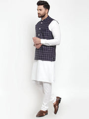 Men's Solid Kurta Pajama with Styled Checked Waistcoat
