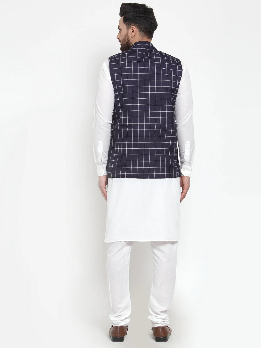 Men's Kurta Pajama Set - Solid Cotton with Checked Waistcoat