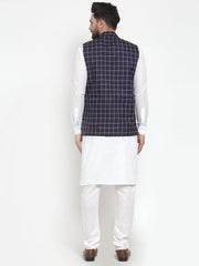 Men's Solid Kurta Pajama with Styled Checked Waistcoat