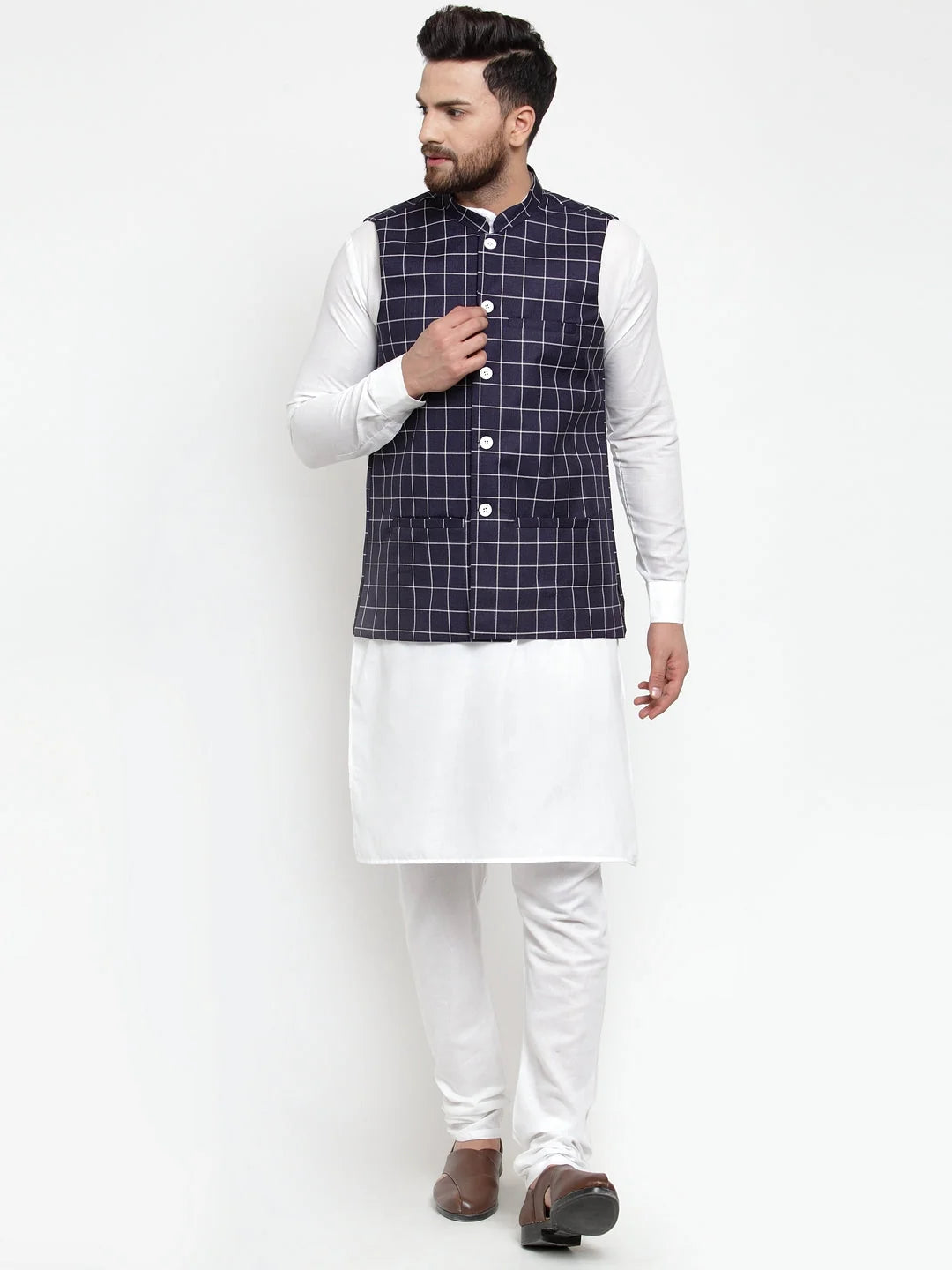 Men's Kurta Pajama Set - Solid Cotton with Checked Waistcoat