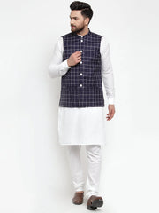 Men's Solid Kurta Pajama with Styled Checked Waistcoat
