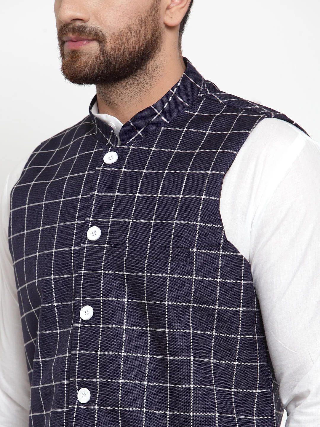 Men's Kurta Pajama Set - Solid Cotton with Checked Waistcoat