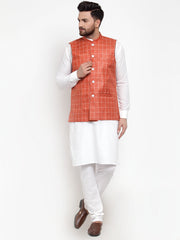 Men's Solid Kurta Style Pajama with Checked Waistcoat