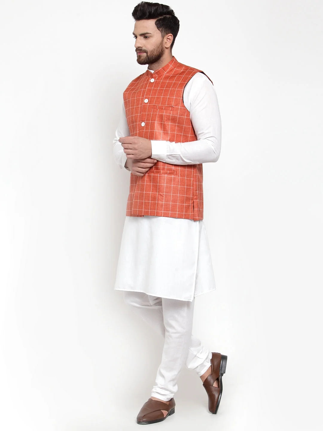 Mens Kurta Pajama - Solid Kurta Style with Checked Waistcoat