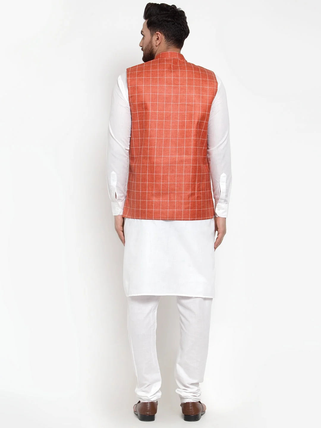 Mens Kurta Pajama - Solid Kurta Style with Checked Waistcoat
