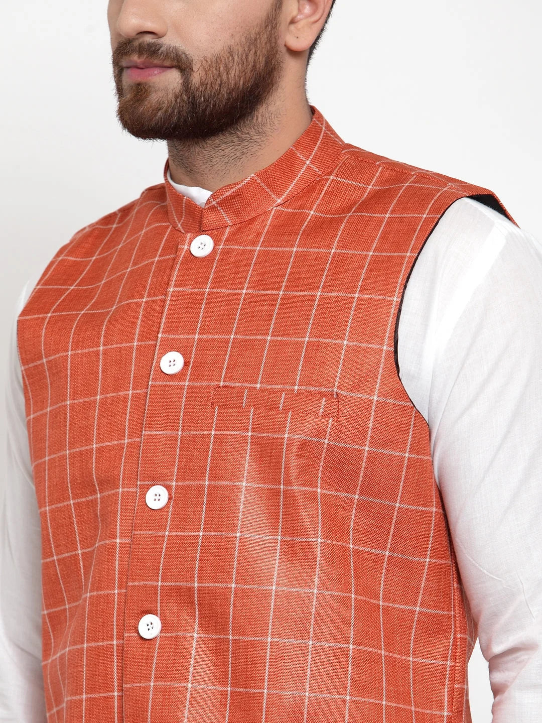 Mens Kurta Pajama - Solid Kurta Style with Checked Waistcoat