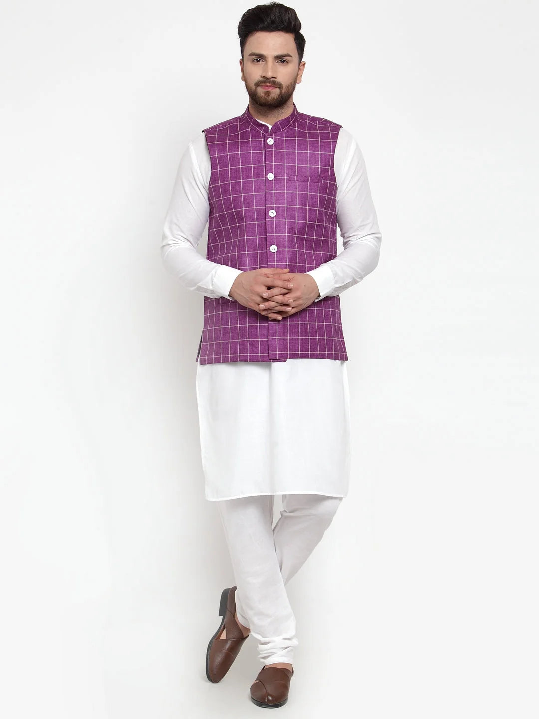 Mens Kurta Pajama Set - Solid Kurta with Checked Waistcoat