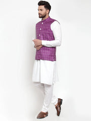 Men's Solid Kurta Pajama with Checked Waistcoat