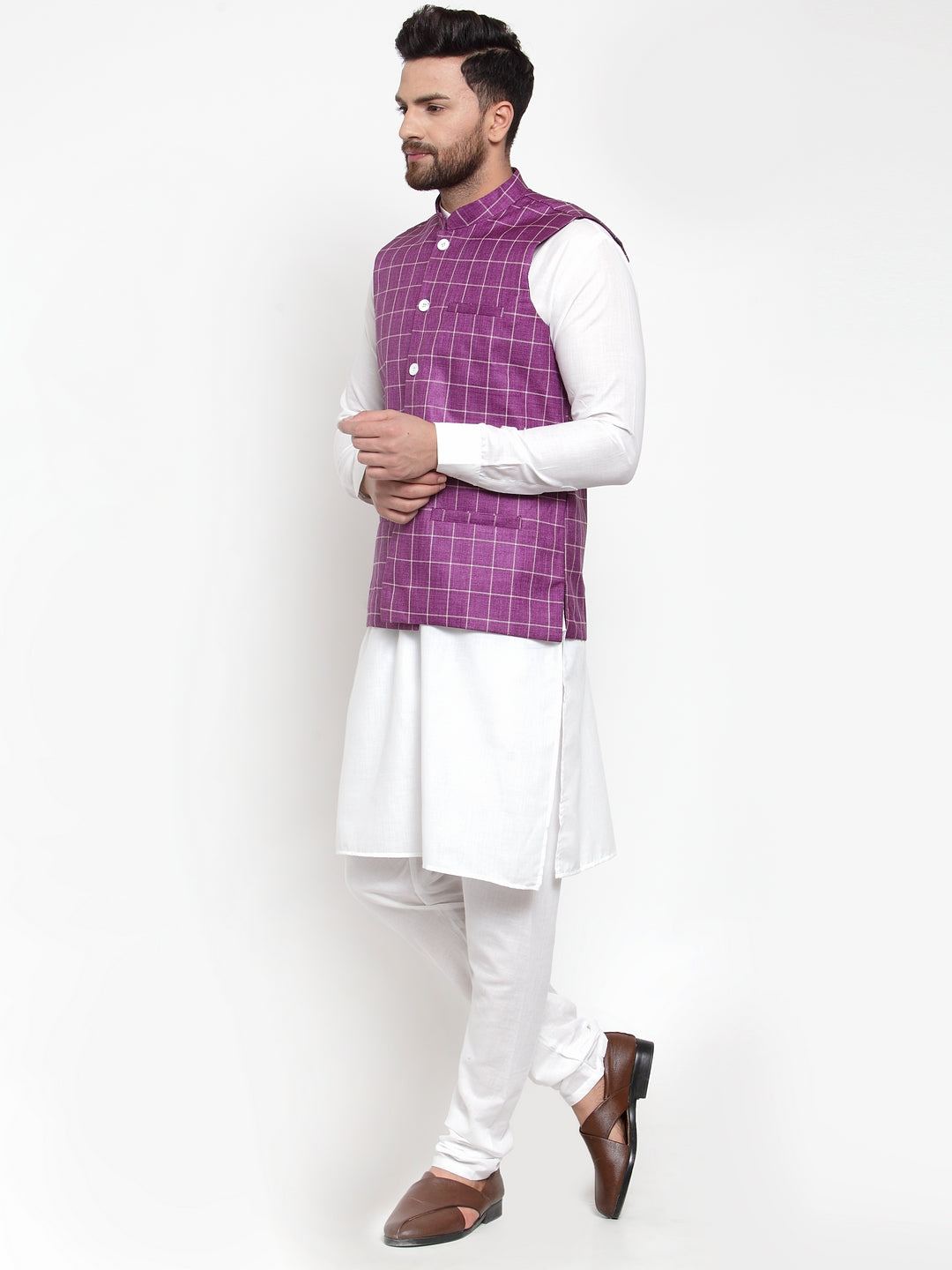 Mens Kurta Pajama Set - Solid Kurta with Checked Waistcoat