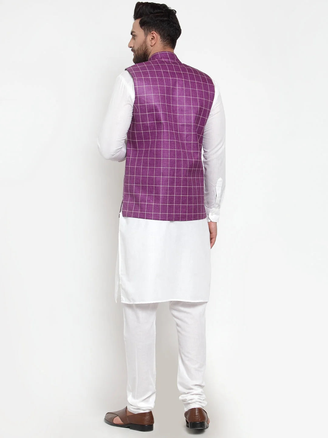 Mens Kurta Pajama Set - Solid Kurta with Checked Waistcoat