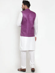 Men's Solid Kurta Pajama with Checked Waistcoat