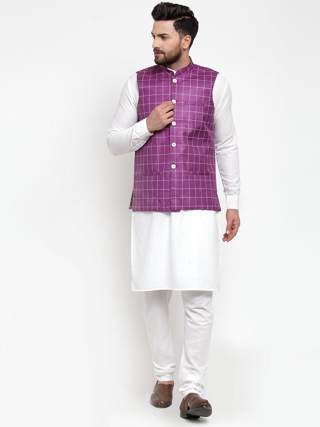 Mens Kurta Pajama Set - Solid Kurta with Checked Waistcoat