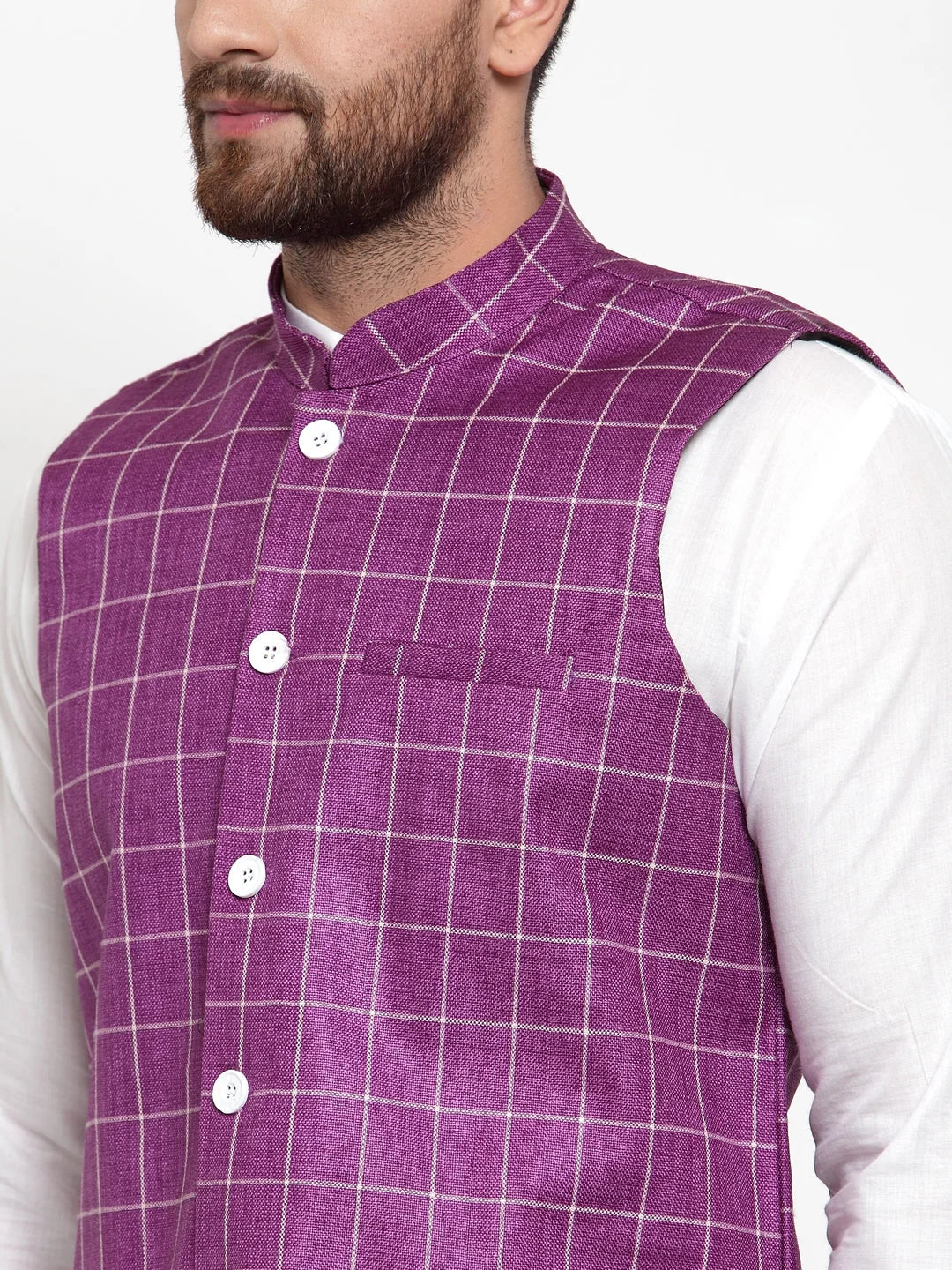 Mens Kurta Pajama Set - Solid Kurta with Checked Waistcoat
