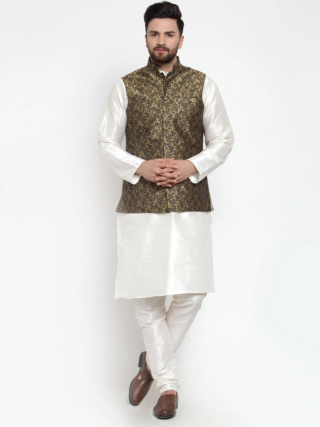 Mens Kurta Pajama Set - Silk with Golden Jacquard Waistcoat
